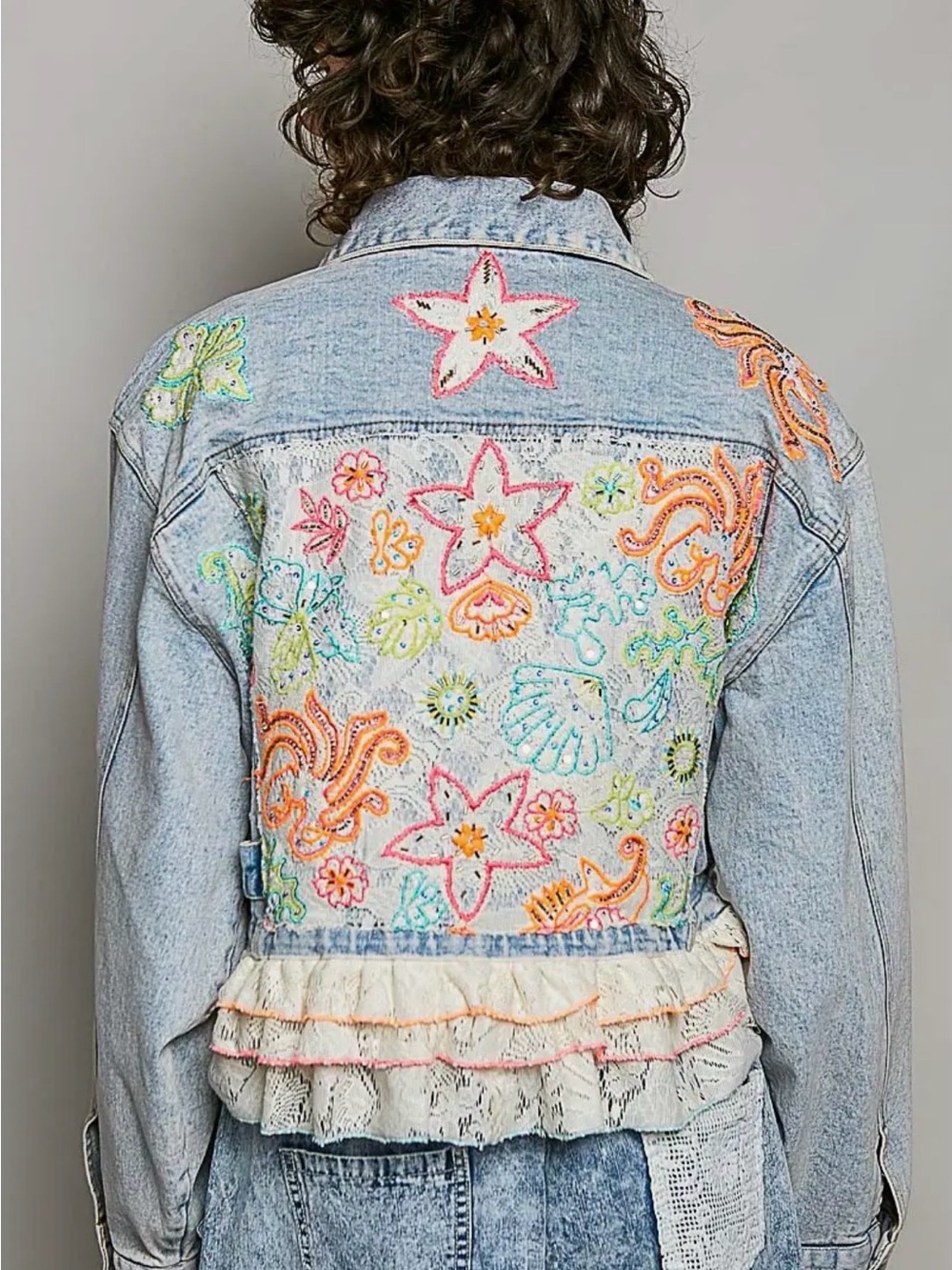 POL denim beaded sequin boho western lace patchwork floral jean jacket coat - Picture 4 of 5